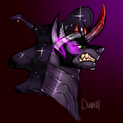 Size: 540x540 | Tagged: safe, artist:sweetendbtcharts, imported from derpibooru, king sombra, pony, umbrum, unicorn, bust, crown, fangs, jewelry, male, regalia, simple background, snarling, solo, stallion