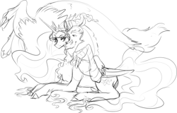 Size: 540x346 | Tagged: safe, artist:sweetendbtcharts, imported from derpibooru, discord, princess celestia, alicorn, draconequus, pony, dislestia, female, looking at each other, lying down, male, mare, shipping, simple background, sketch, straight, white background