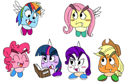 Size: 2106x1410 | Tagged: safe, artist:plastiware, imported from derpibooru, applejack, fluttershy, pinkie pie, rainbow dash, rarity, twilight sparkle, book, goombafied, horn, mane six, paragoomba, species swap, spiked goomba, wings