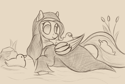 Size: 1350x900 | Tagged: safe, artist:ahorseofcourse, fluttershy, bird, duck, pegasus, pony, flutternun, habit, nun, swimming