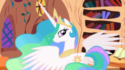 Size: 853x480 | Tagged: safe, screencap, princess celestia, alicorn, pony, animated, butt, looking at you, looking back, looking back at you, plot, smiling, spread wings, wings