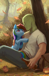 Size: 1106x1708 | Tagged: safe, artist:rhorse, edit, rainbow dash, oc, oc:anon, earth pony, human, pony, autumn, bag, bottle, cider, duo, female, leaves, male, mare, mask, tree