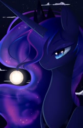 Size: 704x1078 | Tagged: safe, artist:moonstarluminara726, imported from derpibooru, princess luna, alicorn, pony, blue eyes, blue mane, cloud, crown, ethereal mane, eyelashes, female, flowing mane, horn, jewelry, long horn, moon, moonlight, night, regalia, sky, solo, starry mane, stars