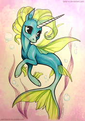 Size: 650x924 | Tagged: safe, artist:patchwerk-kw, imported from derpibooru, oc, oc only, alicorn, pony, seapony (g4), bubble, dorsal fin, fin wings, fins, fish tail, horn, ocean, seaponified, seaweed, smiling, solo, species swap, swimming, tail, underwater, water, wings