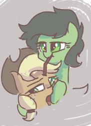 Size: 285x392 | Tagged: safe, artist:plunger, applejack, oc, oc:filly anon, drinking, dumb fucking retard juice, female, filly, holding, retard juice, retarded, simple background, slurp, straw