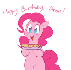 Size: 1288x1266 | Tagged: safe, artist:hattsy, imported from ponybooru, pinkie pie, earth pony, blushing, food, happy birthday, hoof hold, open mouth, pie, simple background, smiling, solo, talking, white background