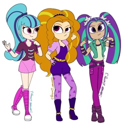 Size: 1080x1080 | Tagged: safe, artist:starnatagalaxy, imported from derpibooru, adagio dazzle, aria blaze, sonata dusk, human, equestria girls, bracelet, clothes, disguise, disguised siren, eyelashes, female, fingerless gloves, gloves, hand on hip, humanized, jewelry, pants, shoes, shorts, signature, simple background, smiling, the dazzlings, white background