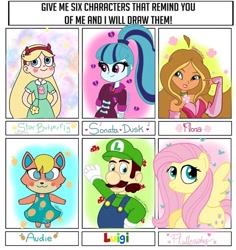Size: 1080x1146 | Tagged: safe, artist:starnatagalaxy, imported from derpibooru, fluttershy, sonata dusk, anthro, fairy, fox, human, pegasus, pony, six fanarts, equestria girls, animal crossing, anthro with ponies, audie (animal crossing), crossover, eyelashes, femala, female, flora (winx club), grin, luigi, magic winx, male, mare, smiling, star butterfly, star vs the forces of evil, super mario bros., wings, winx club