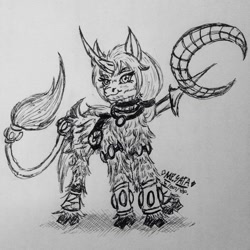 Size: 1080x1080 | Tagged: safe, artist:phutphitchaya, imported from derpibooru, pony, unicorn, cloven hooves, female, grayscale, helmet, horn, league of legends, lineart, mare, monochrome, ponified, scepter, signature, smiling, solo, soraka, traditional art