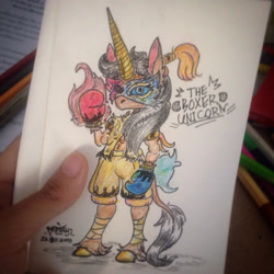 Size: 1600x1600 | Tagged: safe, artist:phutphitchaya, imported from derpibooru, oc, oc only, oc:golden hooves, anthro, unguligrade anthro, unicorn, boxing gloves, clothes, female, mask, shorts, signature, solo, traditional art