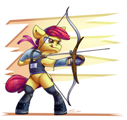 Size: 1200x1134 | Tagged: safe, artist:tsitra360, imported from derpibooru, imported from ponybooru, apple bloom, earth pony, pony, arrow, bipedal, bow (weapon), clothes, female, signature, solo, tongue out