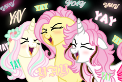 Size: 1596x1080 | Tagged: safe, artist:jvartes6112, imported from derpibooru, fluttershy, oc, oc:felice, oc:merida shy, alicorn, pegasus, pony, unicorn, alicorn oc, black background, blushing, bust, cheering, eyelashes, eyes closed, female, flower, flower in hair, horn, mare, mother and child, mother and daughter, offspring, open mouth, palindrome get, parent:fluttershy, parent:oc:jv6112, parents:canon x oc, simple background, unicorn oc, wings, yay