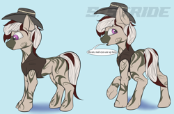 Size: 3800x2500 | Tagged: safe, artist:shade stride, imported from derpibooru, oc, oc only, oc:relicar, pony, zebra, clothes, cowboy hat, full body, hat, high res, review, simple background, solo, text, watermark, zebra oc