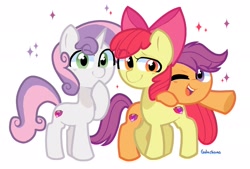 Size: 1965x1330 | Tagged: safe, artist:inkp0ne, artist:softpound, imported from derpibooru, apple bloom, scootaloo, sweetie belle, earth pony, pegasus, pony, unicorn, cutie mark crusaders, female, filly, leaning on someone, looking at you, one eye closed, sparkles