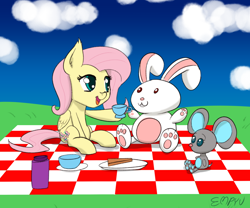 Size: 1000x833 | Tagged: safe, artist:empyu, imported from derpibooru, fluttershy, pegasus, pony, 30 minute art challenge, bottle, cloud, cup, cute, daaaaaaaaaaaw, female, mare, open mouth, picnic, picnic blanket, plushie, shyabetes, solo, stuffed animals, teacup