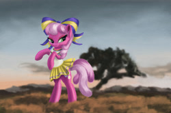Size: 3000x1979 | Tagged: safe, artist:flusanix, imported from derpibooru, cheerilee, pony, bipedal, bow, cheerileeder, cheerleader, female, hair bow, lidded eyes, mare, solo, standing on two hooves, tree