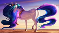 Size: 1600x900 | Tagged: safe, artist:shydale, imported from derpibooru, princess celestia, alicorn, pony, beach, butt, crown, female, hoers, hoof shoes, jewelry, looking back, mare, multicolored hair, painting, peytral, plot, raised leg, regalia, sand, sky, solo, solo female, wings