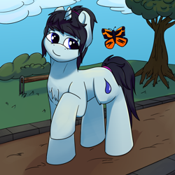 Size: 3096x3096 | Tagged: safe, artist:luther, imported from derpibooru, oc, oc only, oc:serene petrichor, butterfly, pony, unicorn, female, high res, park, ponytail, solo, standing, tree