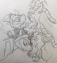 Size: 1175x1280 | Tagged: safe, artist:nelfs, imported from derpibooru, discord, king sombra, draconequus, pony, umbrum, unicorn, crown, fangs, jewelry, king sombra is not amused, male, regalia, sketch, smiling, stallion, traditional art