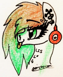 Size: 1706x2077 | Tagged: safe, artist:beamybutt, imported from derpibooru, oc, oc only, earth pony, pony, :p, earth pony oc, headphones, signature, solo, tongue out, traditional art