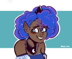 Size: 1696x1389 | Tagged: safe, artist:lrusu, imported from derpibooru, princess luna, human, blushing, dark skin, diadem, ear piercing, female, humanized, piercing, smiling, solo, starry hair