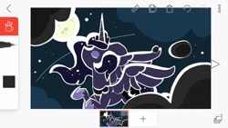 Size: 1024x576 | Tagged: safe, artist:gravityfox10, imported from derpibooru, princess luna, alicorn, pony, cloud, ethereal mane, eyes closed, female, flying, full moon, hoof shoes, horn, jewelry, mare, moon, outdoors, peytral, phone screen, shooting star, starry mane, stars, tiara, wings