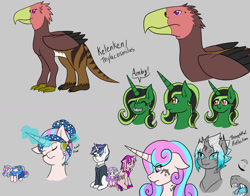 Size: 1280x1002 | Tagged: safe, artist:jolliapplegirl, imported from derpibooru, princess cadance, shining armor, oc, oc:ambrose, oc:olive, oc:thoughful reflection, oc:thoughtful reflection, alicorn, changeling, changepony, griffon, hybrid, pony, unicorn, dark star au, fallout equestria, dialogue, female, interspecies offspring, male, mare, next generation, offspring, parent:queen chrysalis, parent:shining armor, parents:shining chrysalis, stallion