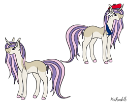 Size: 2491x2000 | Tagged: safe, artist:misskanabelle, imported from derpibooru, oc, oc only, pony, unicorn, beret, colored hooves, duo, duo female, ear fluff, female, flower, flower in hair, hat, high res, horn, mare, neckerchief, offspring, parent:fleur-de-lis, parents:canon x oc, signature, simple background, smiling, solo, transparent background, unicorn oc