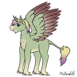 Size: 2000x2000 | Tagged: safe, artist:misskanabelle, imported from derpibooru, oc, oc only, alicorn, pony, alicorn oc, chest fluff, ear fluff, high res, hoof fluff, horn, leonine tail, male, signature, solo, stallion, two toned wings, wings