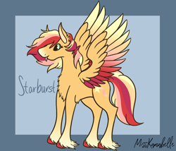 Size: 1750x1500 | Tagged: safe, artist:misskanabelle, imported from derpibooru, oc, oc only, oc:starburst, pegasus, pony, abstract background, chest fluff, female, hoof fluff, mare, offspring, parent:sunburst, parent:sunset shimmer, parent:trixie, parents:shimmerburst, pegasus oc, signature, solo, sperm donation, wings