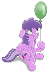 Size: 900x1248 | Tagged: safe, artist:littlehybridshila, imported from derpibooru, imported from ponybooru, oc, oc only, oc:sweetsqueaks, inflatable pony, latex pony, original species, pegasus, pony, air nozzle, balloon, blushing, female, hoof hold, inflatable, latex, party balloon, pool toy, simple background, sitting, solo, that pony sure does love balloons, white background