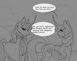 Size: 1250x1000 | Tagged: safe, artist:snowberry, imported from derpibooru, part of a set, stygian, twilight sparkle, alicorn, pony, unicorn, alternate hairstyle, butt, clothes, dialogue, dock, explicit source, female, male, mare, monochrome, plot, rear view, speech bubble, stallion, sweat, sweatdrop, twilight sparkle (alicorn)