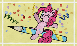 Size: 2333x1409 | Tagged: safe, artist:tridashie, imported from derpibooru, pinkie pie, earth pony, pony, confetti, female, mare, one eye closed, pencil, ponk, riding, simple background, solo, wink, yellow background