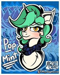 Size: 3000x3750 | Tagged: safe, artist:mrcapriccio, imported from derpibooru, oc, oc only, oc:mint pop, pony, unicorn, bust, chest fluff, clothes, female, high res, hipster, horn, looking at you, makeup, mare, modern art, pop art, portrait, scarf, simple background, solo, unicorn oc