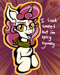 Size: 3000x3750 | Tagged: safe, artist:mrcapriccio, imported from derpibooru, oc, oc only, oc:dolce spiaro, pony, unicorn, bandana, bust, chest fluff, clothes, dialogue, female, high res, horn, looking at you, makeup, mare, simple background, solo, unicorn oc