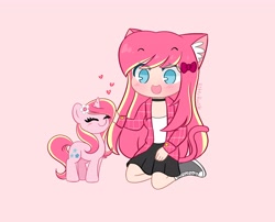 Size: 4096x3313 | Tagged: safe, artist:kittyrosie, imported from derpibooru, oc, oc only, oc:rosa flame, human, pony, unicorn, blushing, clothes, cute, duo, ear fluff, eyes closed, heart, horn, humanized, jacket, kneeling, ocbetes, open mouth, petting, self ponidox, simple background, unicorn oc