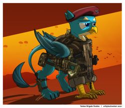 Size: 1920x1666 | Tagged: safe, artist:buckweiser, imported from derpibooru, gallus, griffon, beret, british para, gun, hat, l85a3, male, military, paratrooper, solo, that griffon sure does love weapons, weapon, yankee brigade studios