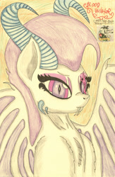 Size: 1977x3032 | Tagged: dead source, safe, artist:sarnathid-prime-pony, imported from derpibooru, oc, oc:blood winter, succubus, eyelashes, fangs, horns, mane, pencil drawing, simple background, sketch, traditional art, watermark, wings