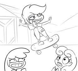 Size: 3288x3000 | Tagged: safe, artist:tjpones, imported from derpibooru, apple bloom, scootaloo, sweetie belle, equestria girls, bandaid, black and white, cutie mark crusaders, female, grayscale, high res, monochrome, skateboard, tomboy, tooth gap, trio, trio female