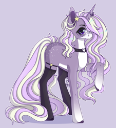 Size: 2970x3282 | Tagged: safe, artist:tinasivint, imported from derpibooru, oc, oc only, pony, unicorn, body freckles, choker, clothes, ear piercing, female, freckles, hair over one eye, high res, horn, long hair, mare, pale belly, piercing, purple background, raised hoof, simple background, socks, solo, stars, unicorn oc, white belly