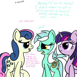 Size: 2000x2000 | Tagged: safe, artist:dafiltafish, imported from derpibooru, bon bon, lyra heartstrings, sweetie drops, twilight sparkle, alicorn, comic:day by day, apologetic, crying, dialogue, female, high res, lesbian, lyrabon, shipping, simple background, smiling, teary eyes, transparent background, twilight sparkle (alicorn)