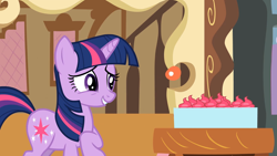 Size: 1920x1080 | Tagged: safe, imported from derpibooru, screencap, twilight sparkle, pony, unicorn, lesson zero, season 2, cupcake, cute, female, food, mare, smiling, solo, twiabetes, unicorn twilight