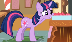 Size: 1440x847 | Tagged: safe, imported from derpibooru, screencap, twilight sparkle, pony, unicorn, lesson zero, season 2, cropped, cupcake, female, food, mare, solo, unicorn twilight