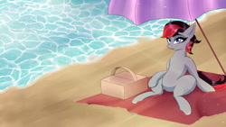 Size: 2048x1152 | Tagged: safe, artist:twilightwolf91, imported from derpibooru, oc, oc only, pony, art, beach, commission, mlp oc, mlpart, mlpoc, my little pony, ocean, originalcharacter, solo, summer, umbrella
