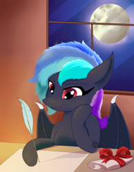 Size: 1680x2160 | Tagged: safe, artist:twilightwolf91, imported from derpibooru, oc, oc only, bat pony, pony, art, bat pony oc, bat wings, commission, mlpoc, moon, night, quill, scroll, solo, wings