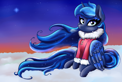 Size: 1930x1300 | Tagged: safe, artist:twilightwolf91, imported from derpibooru, princess luna, pony, unicorn, spoiler:mlp friendship is forever, clothes, commissionopen, commissions open, fanart, mlpart, snow, solo, winter