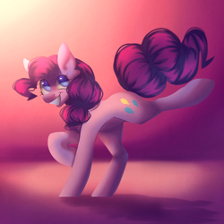 Size: 2048x2048 | Tagged: safe, artist:neonbugzz, imported from derpibooru, pinkie pie, earth pony, pony, abstract background, high res, smiling, solo