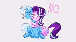 Size: 1920x1080 | Tagged: safe, artist:another_pony, imported from derpibooru, starlight glimmer, trixie, pony, unicorn, abstract background, blushing, chest fluff, cute, dialogue, diatrixes, female, horn, hug, lesbian, mine!, no, possessive, shipping, simple background, startrix, text, tongue out, white background