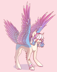 Size: 1280x1627 | Tagged: safe, artist:tinasivint, imported from derpibooru, oc, oc only, pegasus, pony, bandaid, bandaid on nose, bracelet, eyebrows, eyebrows visible through hair, female, four wings, hair over eyes, jewelry, mare, multiple wings, nose bandaid, pink background, simple background, solo, tail feathers, wings