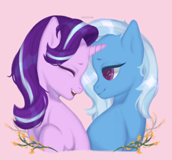 Size: 1920x1788 | Tagged: safe, artist:sannoe, imported from derpibooru, starlight glimmer, trixie, pony, unicorn, female, lesbian, mare, pink background, shipping, simple background, startrix